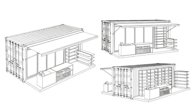 Set of shipping container retail store blueprints, showcasing different configurations and layouts for a modern, compact business space