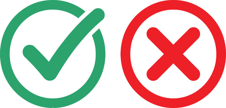 Green check mark and red cross sign icons for true or false choice and survey feedback
