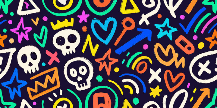 Neon graffiti doodle pattern on black background seamless repeat design