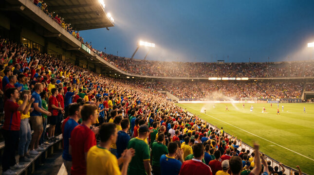 Football Fans Watching Match in Packed Stadium