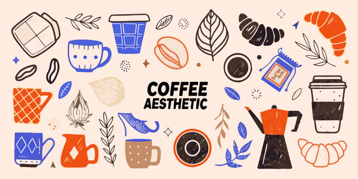 Coffee themed vector illustration with croissants beans and beverage containers