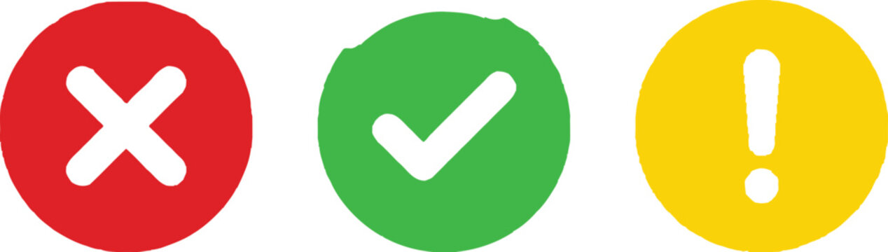 Set of round red cross green check mark and yellow exclamation point icons for status and choices