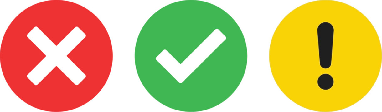 Set of round icons with red cross, green check mark and yellow warning exclamation point