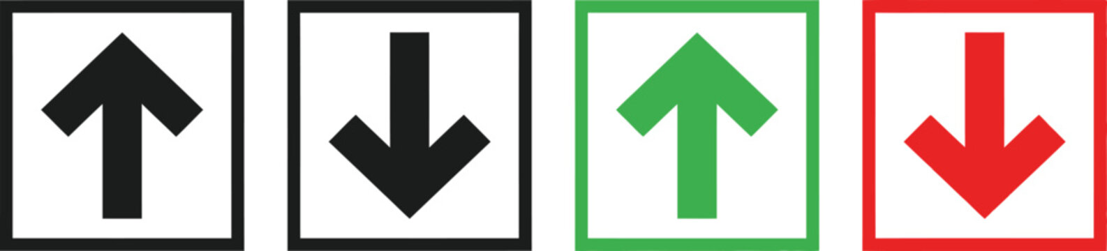 Set of up and down arrow icons in black green and red square frames