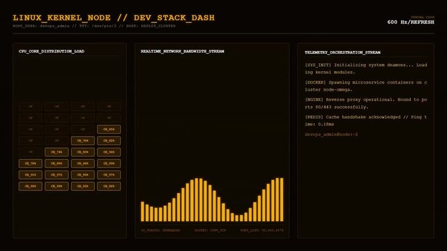 Linux DevOps Server Dashboard CPU Network Monitoring Animation.
