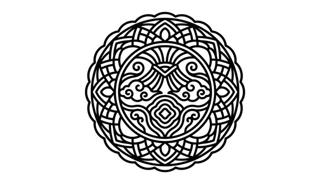 Intricate circular mandala design with traditional Asian cloud and geometric patterns.