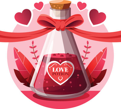 Romantic pink elixir bottle with handwritten love potion label design graphic vector