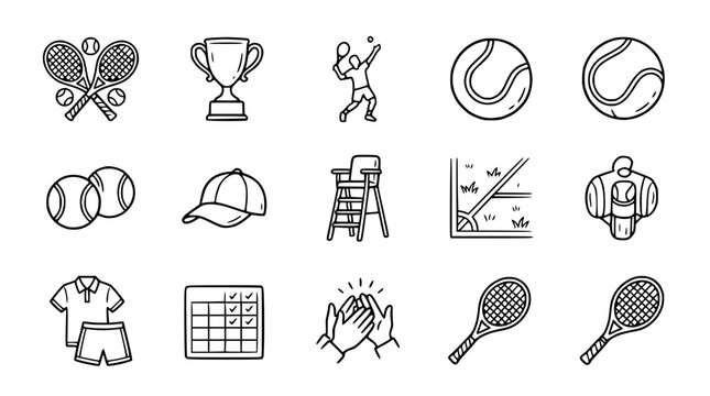 Tennis Sport Icons Set: Rackets, Balls, Trophy, Player, Uniform, Court, Calendar, Umpire Chair