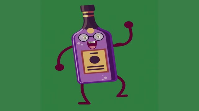 A bottle of wine with glasses on it and an image alcohol cartoon character illustration green screen animated chromakey background style figure scene cartoonish frame layers backgrounds