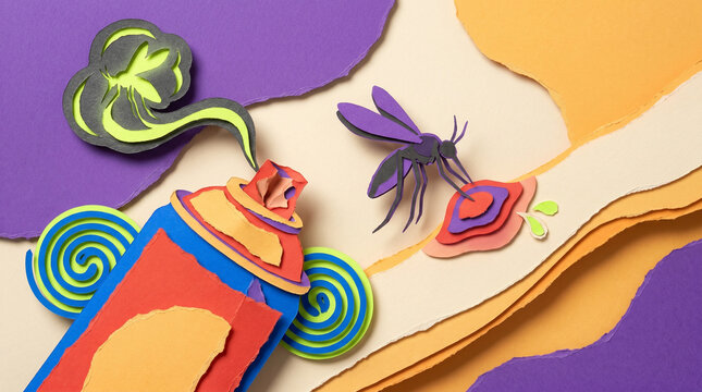 Paper art illustration of mosquito repellent can and mosquito  