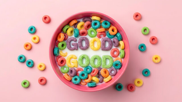 Colorful cereal in pink bowl with milk and good spelled out