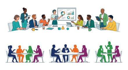 Fototapeta premium Diverse Business Team In Conference Colorful Vector Illustration With People And Data Charts teamwork meeting