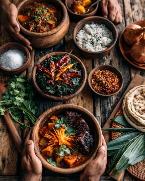 People Share Authentic Spiced Indian Meal on Rustic Wooden Table Top View