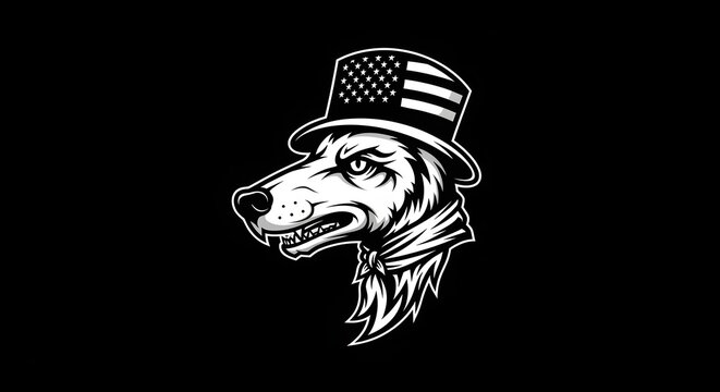 Patriotic wolf head mascot with american flag top hat illustration