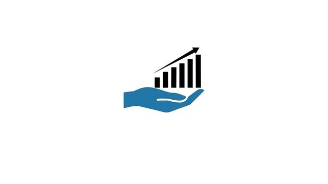 Blue hand holding a rising bar graph with an upward arrow on a white background supporting growth