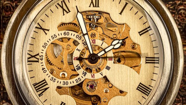 Macro view of mechanical vintage pocket watch movement ticking over aged leather book covers.