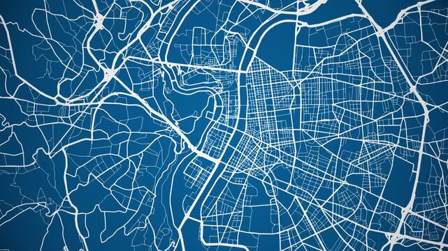 Ink reveal animation of Lyon, Lyon Metropolis, Auvergne Rh&ocirc;ne Alpes, France grid map. Aerial top view. Blueprint style. White lines with blue background. 4K Seamless loop.