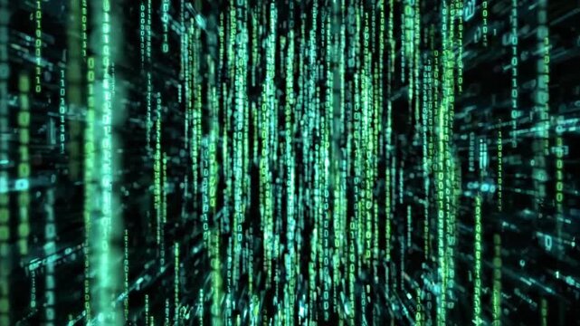 Abstract digital data stream matrix background, green binary code, cyber security, programming concept, dark background