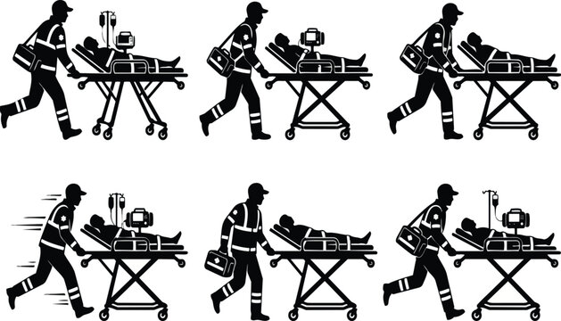 Professional paramedics in uniform rushing patients on stretchers with medical equipment in this detailed black and white vector graphic illustration set for modern emergency healthcare design