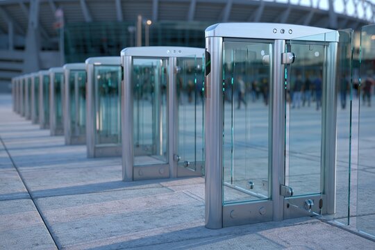 Modern stadium entrance with glass turnstiles and crowd flow on event day