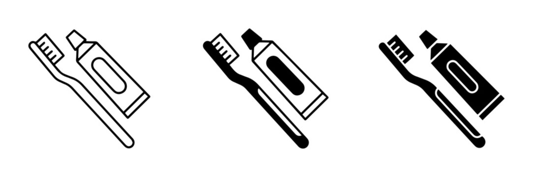 Toothbrush and Toothpaste Icons, Dental Hygiene Set, Oral Care Symbols, Cleanliness Vector Graphics, Simple Line Art and Silhouette Styles