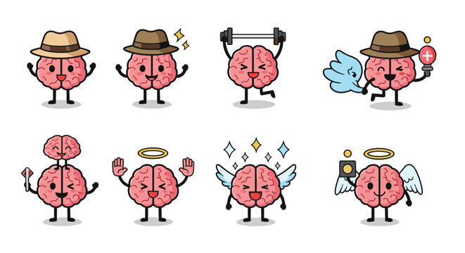 Fun cartoon brain characters in different poses including working out being a holy angel and wearing a stylish hat.