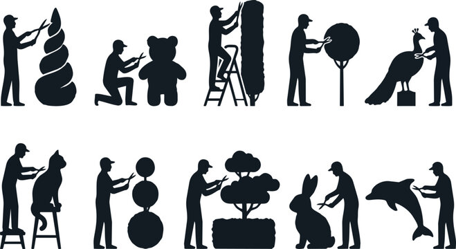 Professional gardeners shaping various decorative bushes into creative animal and geometric topiary forms using sharp shears in this detailed black and white flat vector graphic design