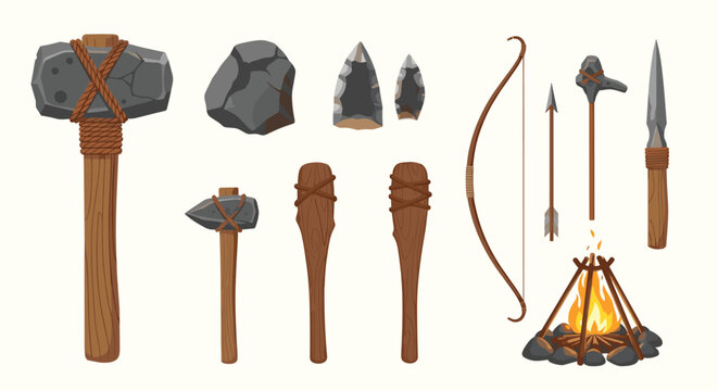 Collection of prehistoric stone age tools and weapons including stone axes clubs wooden bows and a warm campfire.