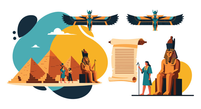 Ancient Egyptian history elements including the Great Pyramids statues of pharaohs and traditional papyrus scrolls.