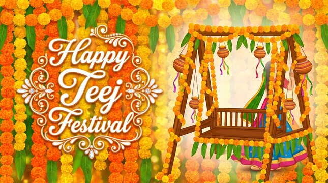 Happy Teej festival decorative swing decorated with marigold flowers