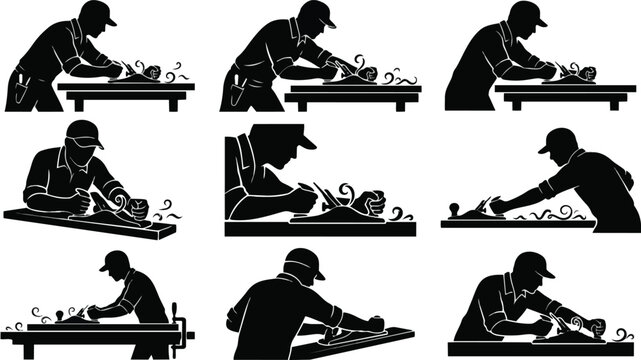 Professional carpenter silhouettes using hand planes for woodworking in a flat vector graphic style collection showing manual labor craftsmanship and skilled carpentry techniques for design projects