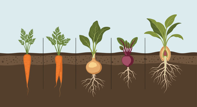 Educational cross section illustration showing different root vegetables like carrots, onions, and beets growing in soil layers.