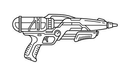 A detailed black and white line art illustration of a futuristic sci-fi blaster gun. © Lituhayu
