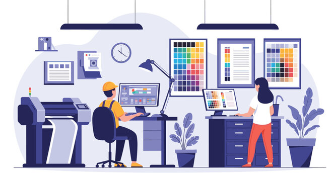Professional designers working in a modern print and graphics workshop with computers and large format printers.