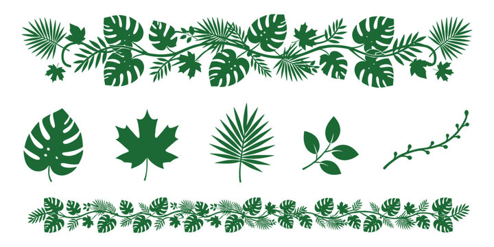 Tropical leaf border and exotic jungle foliage set with palm monstera leaves green vector designs.