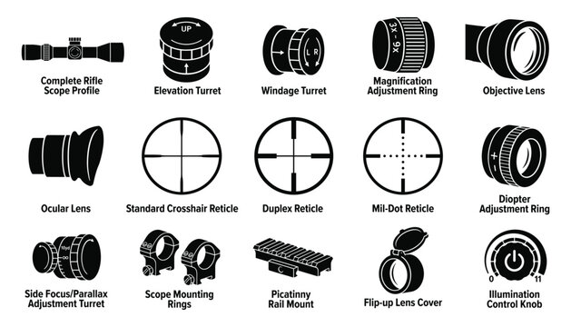 Rifle scope vector illustration with various parts and reticles, set of optical elements.