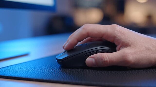 Closeup of a person's hand using a black computer mouse on a dark mousepad, illuminated by blue light from a monitor, suitable for tech and work-from-home content