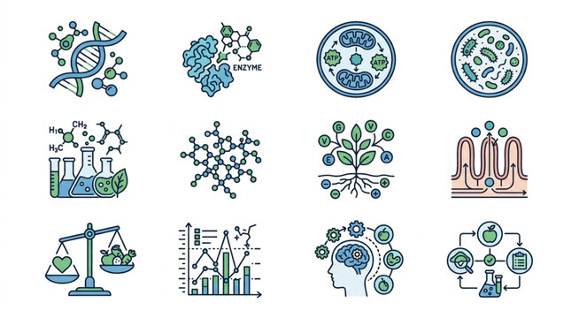 Collection of Science and Technology Icons Representing Biology Chemistry and Medicine.
