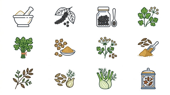 Collection of Spice and Herb Icons with Mortar Pestle.
