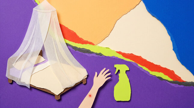 Mosquito net over bed with hand reaching for spray on colorful backdrop  