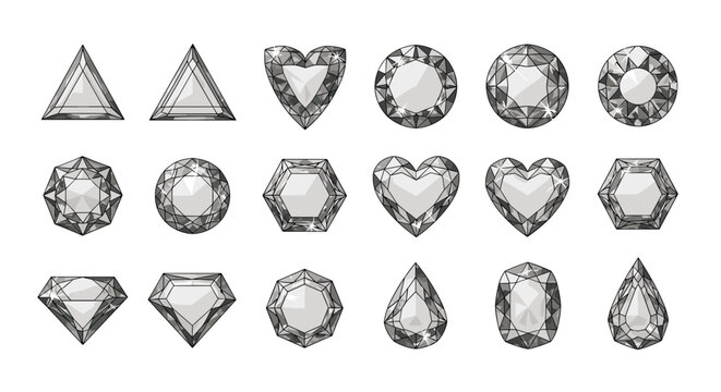 Collection of various diamond and gemstone cuts in monochrome style showcasing different geometric shapes and sparkling facets.