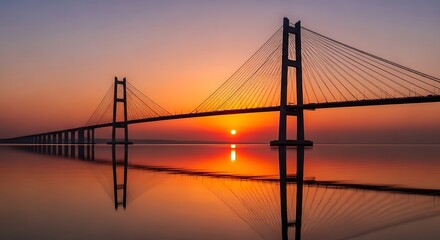Obraz premium Sunset over a large suspension bridge.
