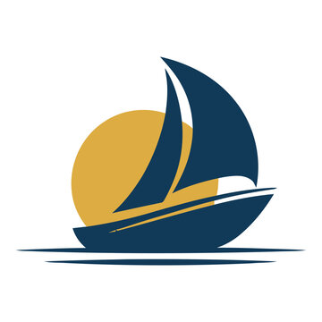 Sailing Boat Icon with Blue and Gold Sails Gliding Over Stylized Water Waves for Nautical Navigation Design