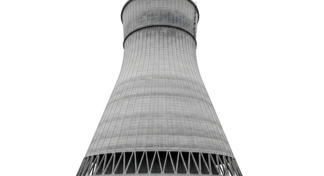 Large gray concrete cooling tower for a nuclear power plant station against a bright sky background isolated on transparent background