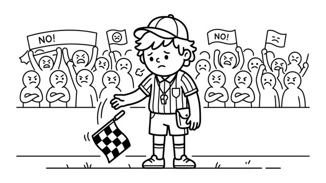 A sad young sports official drops a racing flag while a hostile crowd of protesters shouts in the background. This black and white line art illustration depicts themes of pressure, unpopular decisions