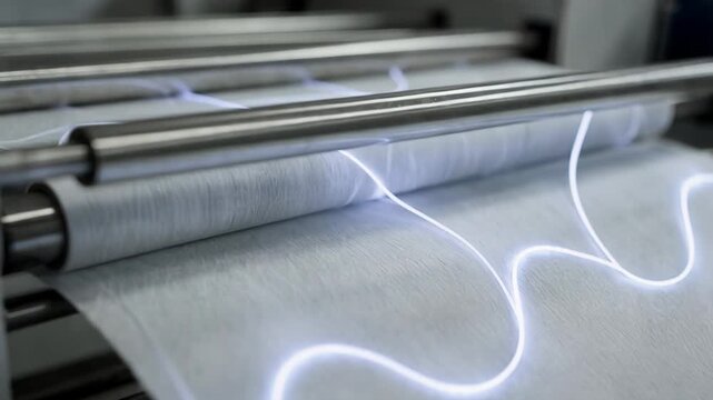 Close medium shot capturing lowpower corona discharge on paper web highlighting subtle electrical treatment improving surface energy for better lamination performance.