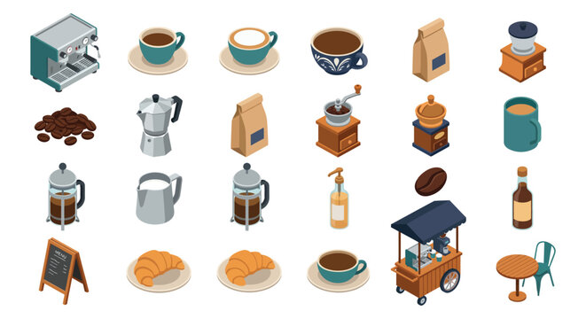 Isometric coffee and pastry assortment on a white background detailed vector illustration espresso cappuccino latte