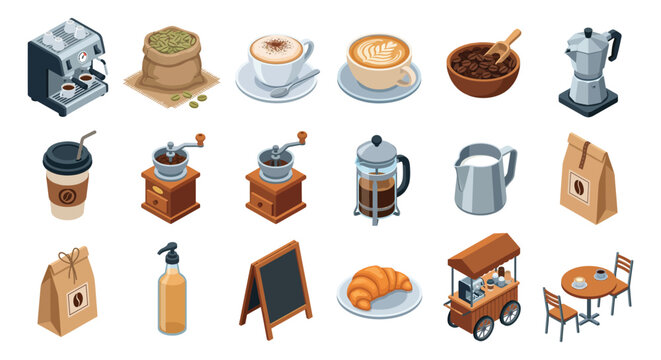 Isometric Collection Of Coffee Related Objects And Pastries On A White Background beans caffeine espresso