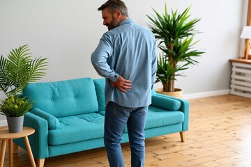 Fototapeta premium Adult man holding lower back in discomfort beside sofa in bright home interior