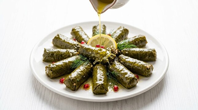 Zeytinyağlı Sarma Cold Stuffed Vine Leaves in Olive Oil on White Plate - Turkish Meze Dolma Commercial Food Photography